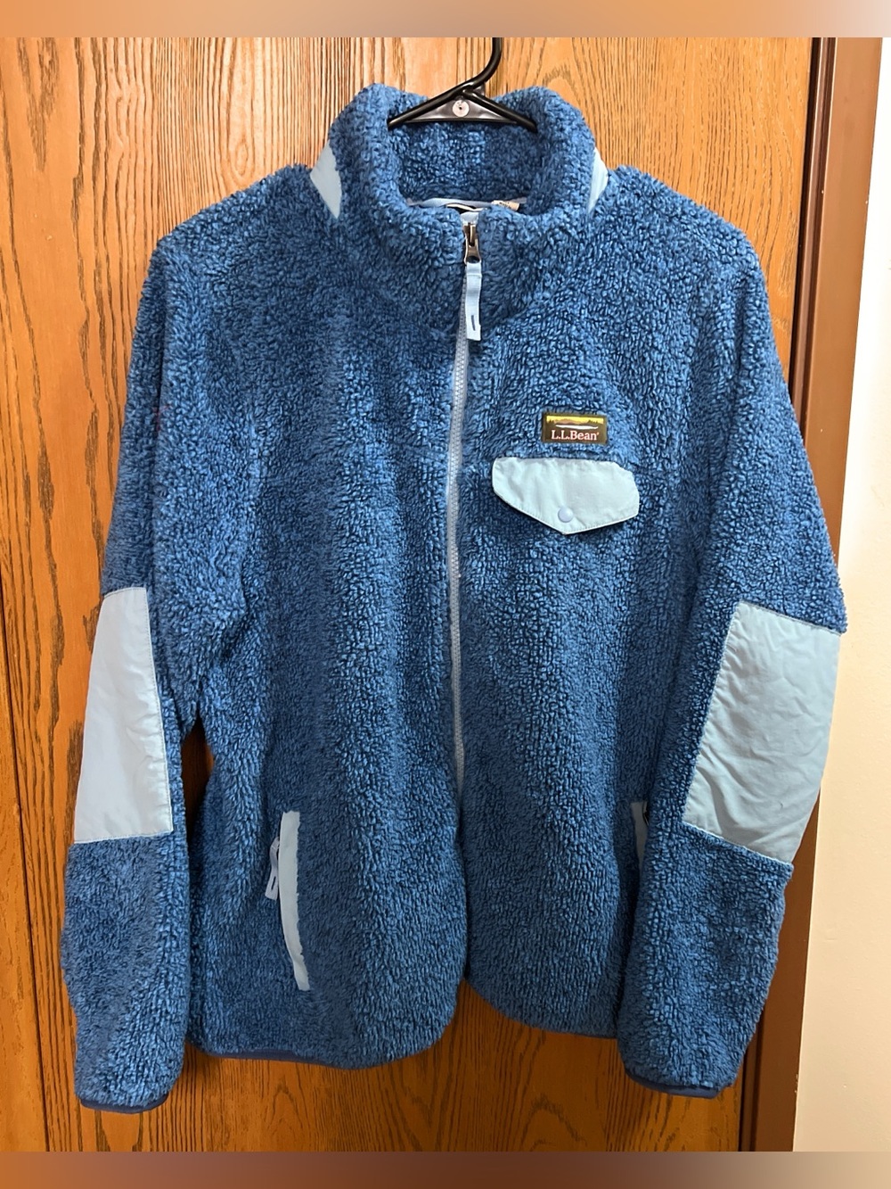 LL Bean Mens Deep Pile Blue Fleece Zip Jacket Size L Outdoor Sherpa Elbow Patch
